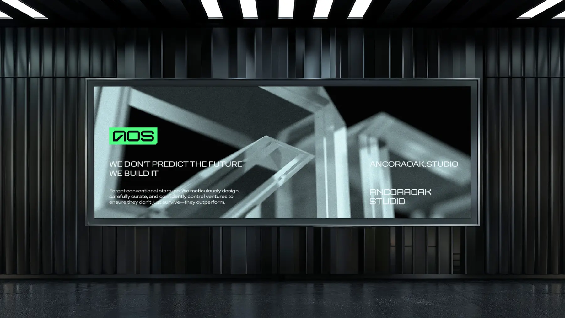 AncoraOak Studio identity and sculptural brand visual on an architectural display