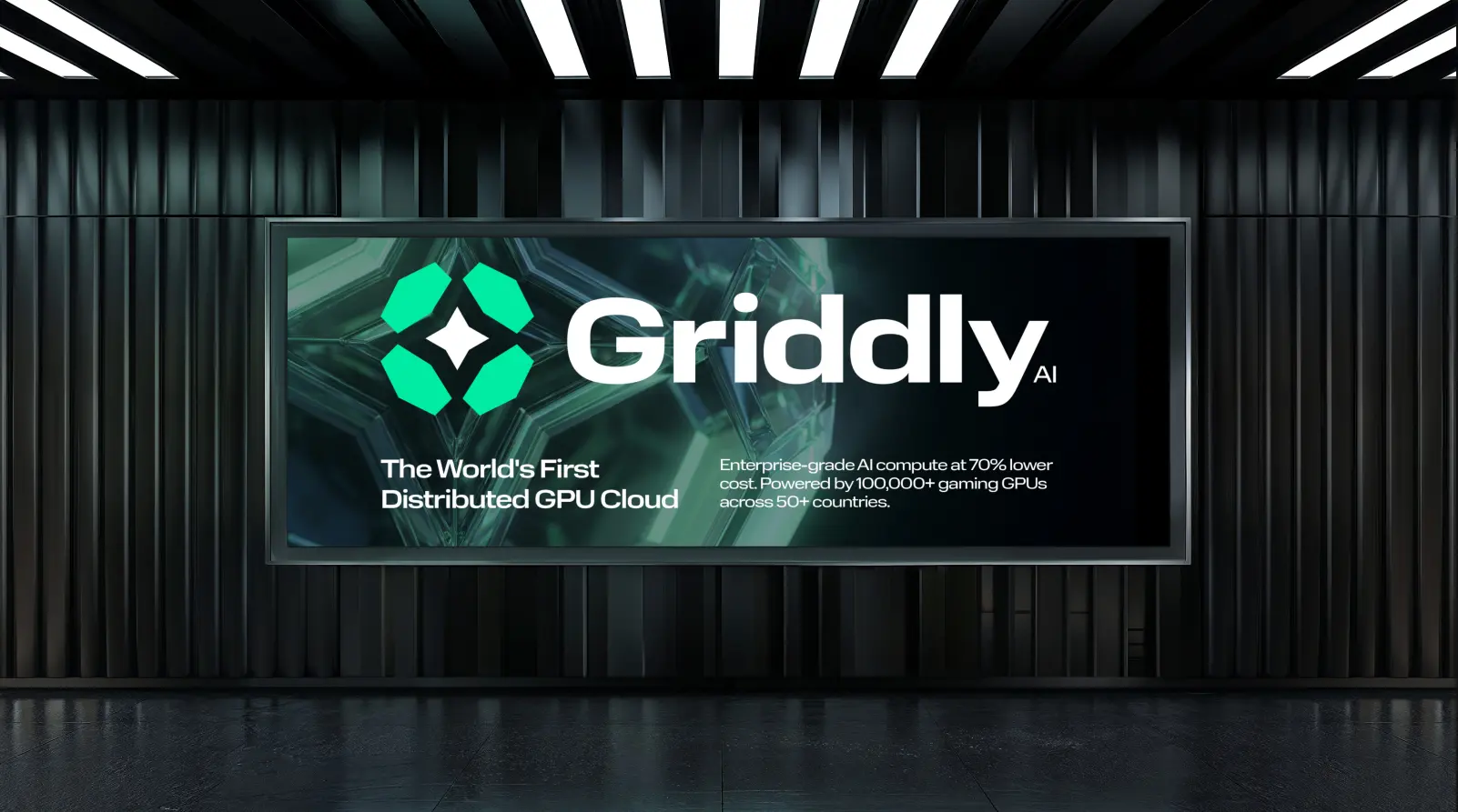 Griddly brand presented on a large illuminated display