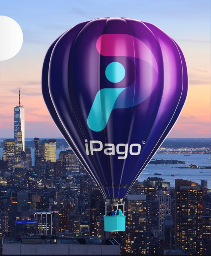 iPago hot-air-balloon brand visual above a city skyline