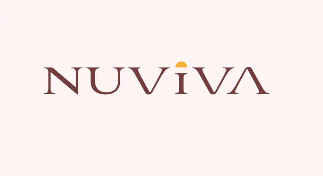 Nuviva wordmark in warm brown on a pale pink background