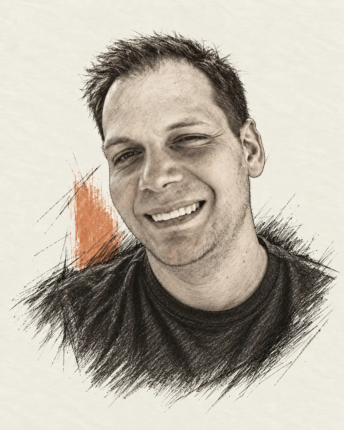 Editorial illustration of Chris with a natural smile, short hair and a dark crew-neck T-shirt