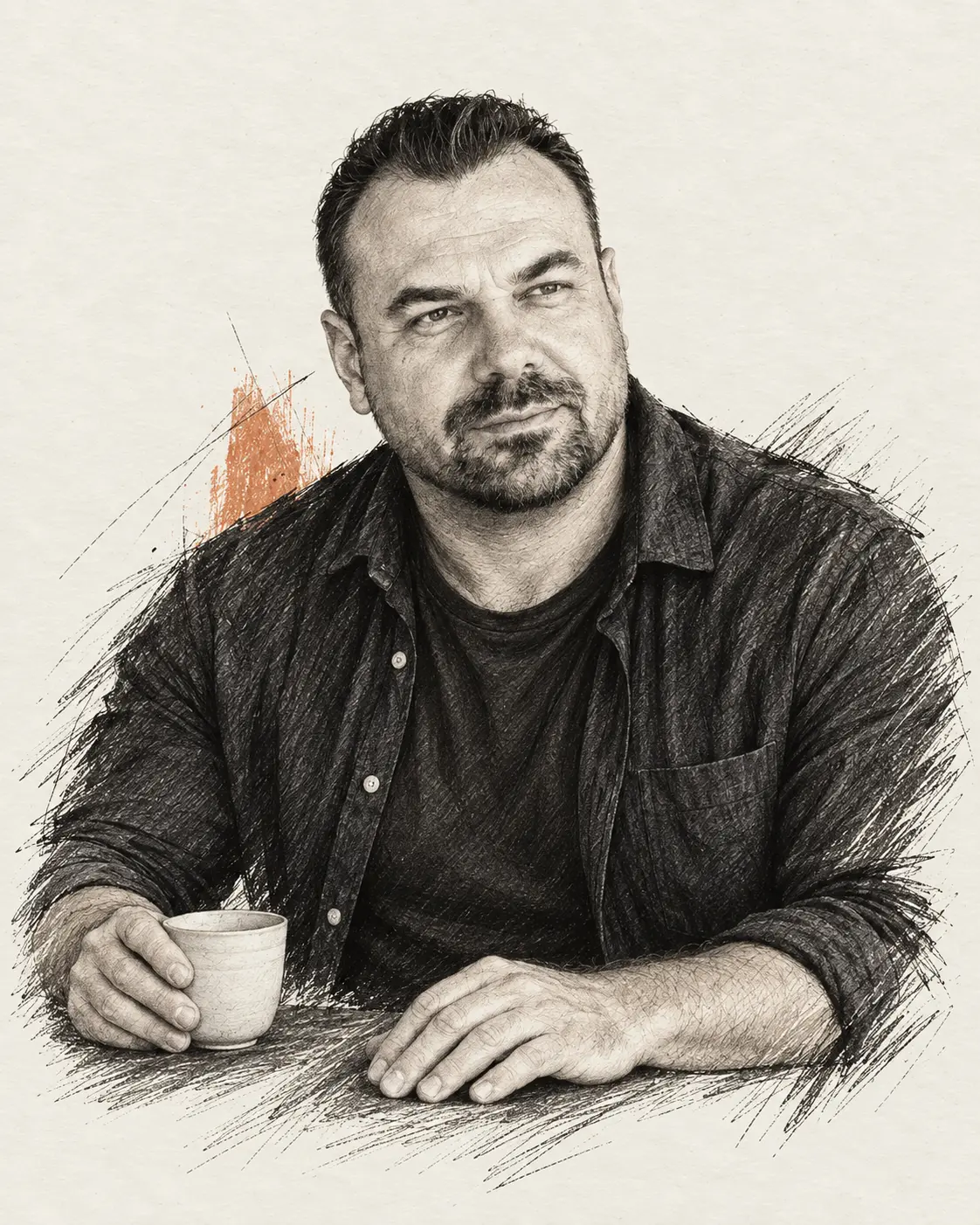 Editorial illustration of Martin seated with a coffee cup, with short dark hair and a close-cropped beard