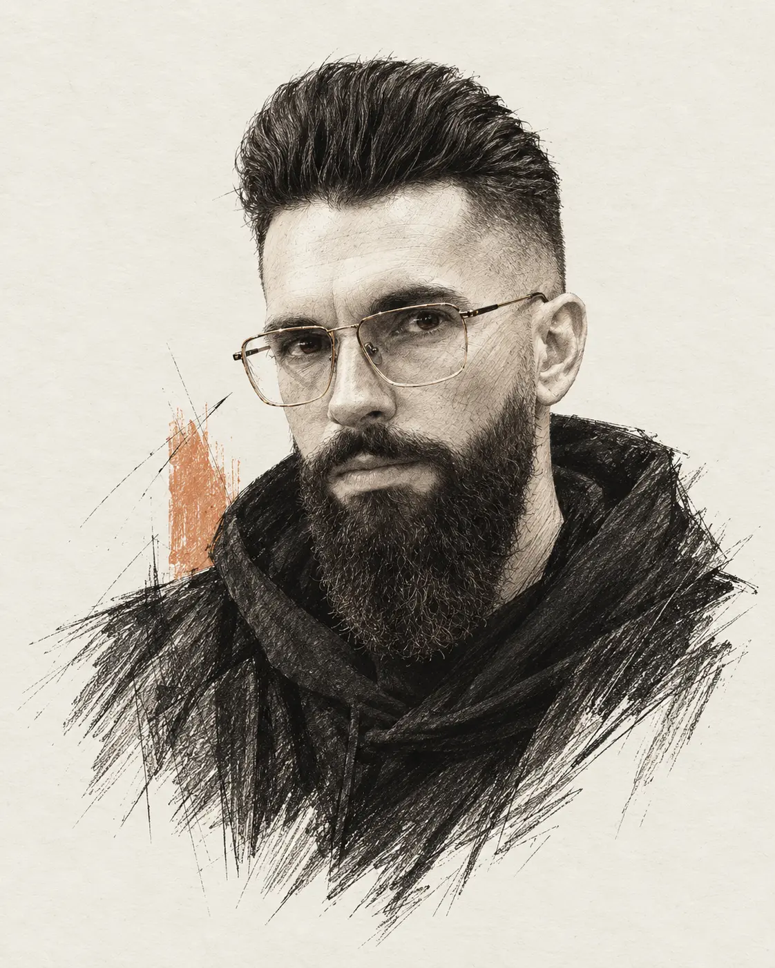 Editorial illustration of Max, with swept-up dark hair, clear metal-framed glasses and a full beard